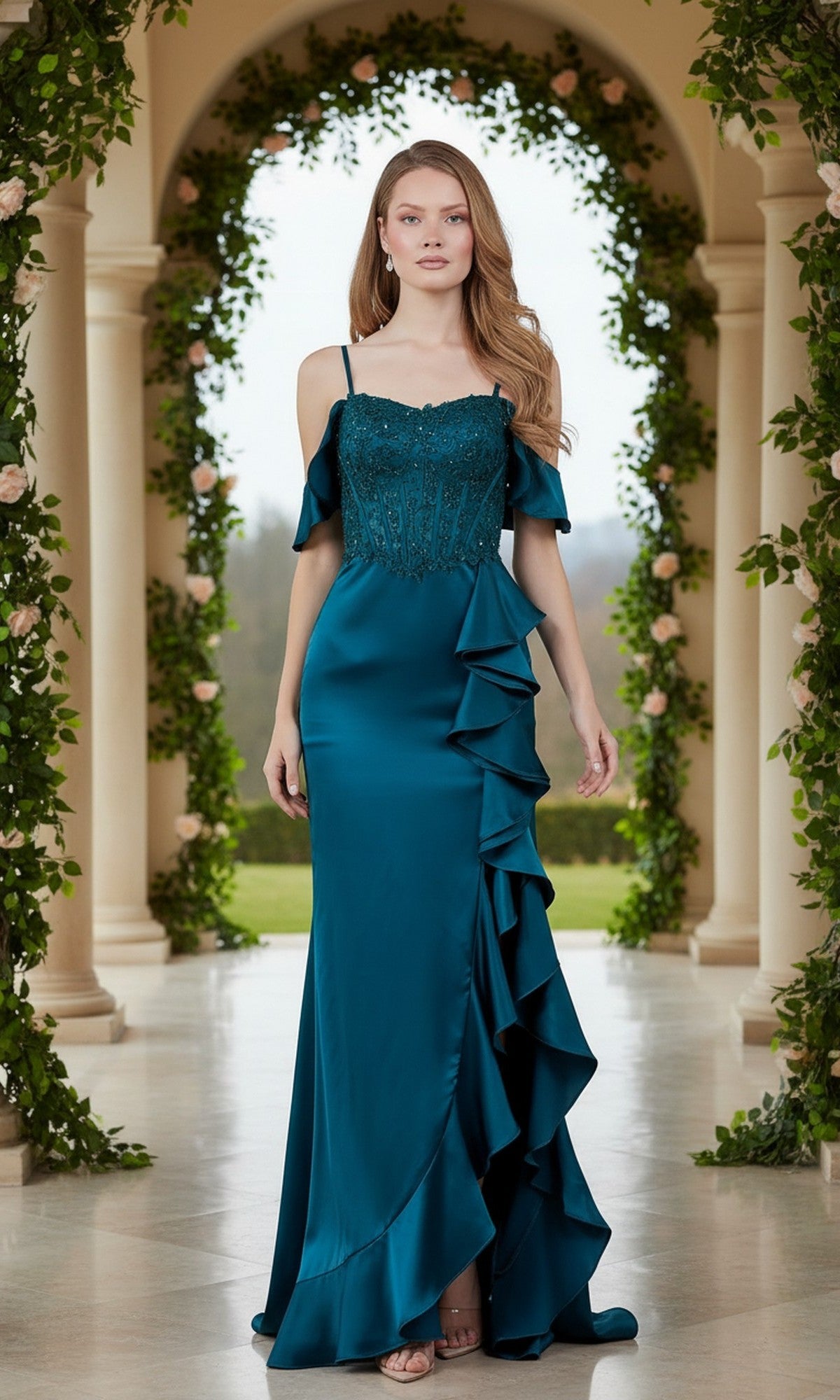 A woman wears the teal Cinderella Couture 8461J long prom dress, featuring ruffle accents and an embroidered corset bodice, as she stands gracefully in a flower-adorned archway.